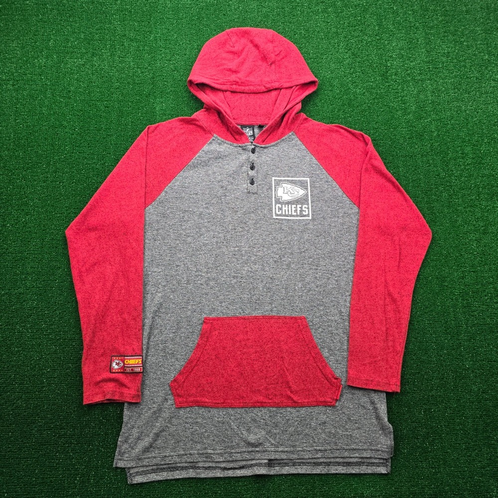Kansas City Chiefs Hoodie Henley Shirt Mens Large Gray Red Pullover NFL Football